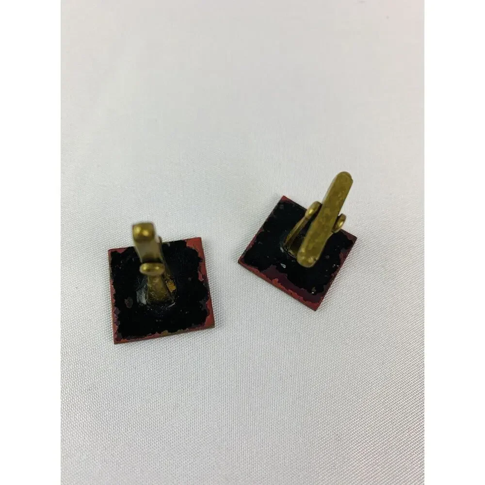 Vintage Men's Enameled Goldtone and Black Square Cufflinks Artsy Retro Toggle